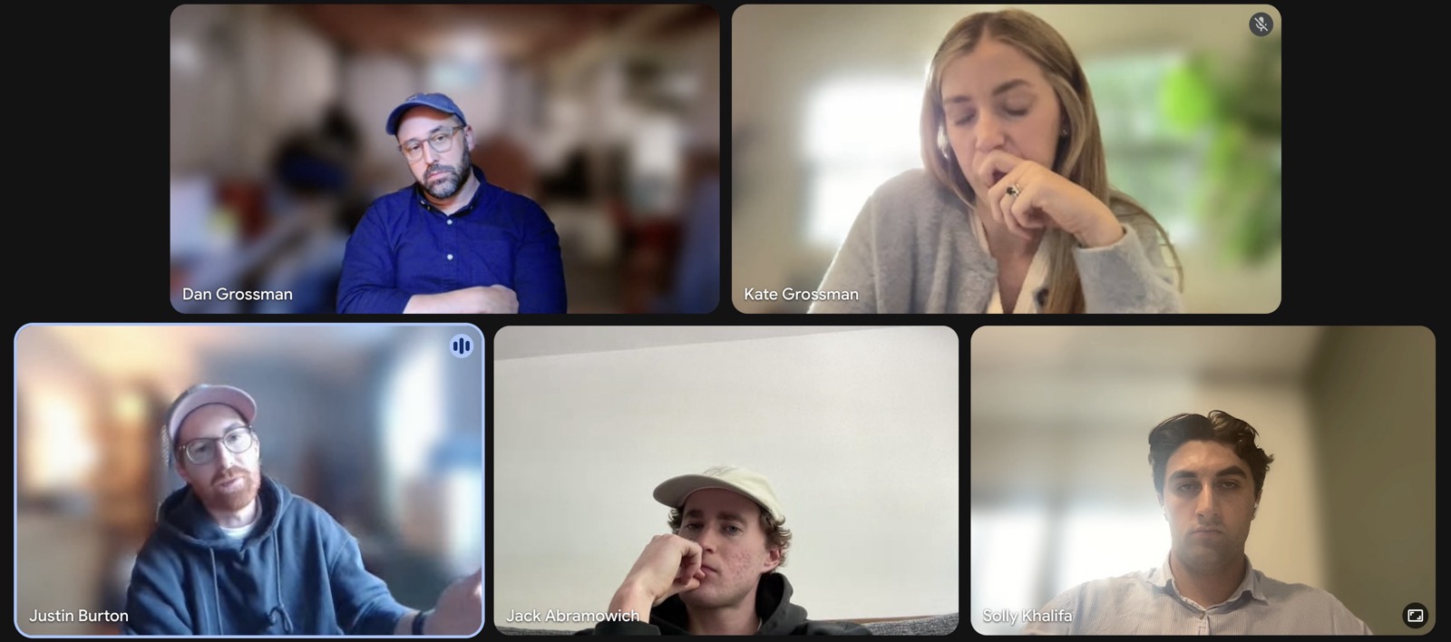 A video call with five people: Jack and Solly with the three-person Loveit team