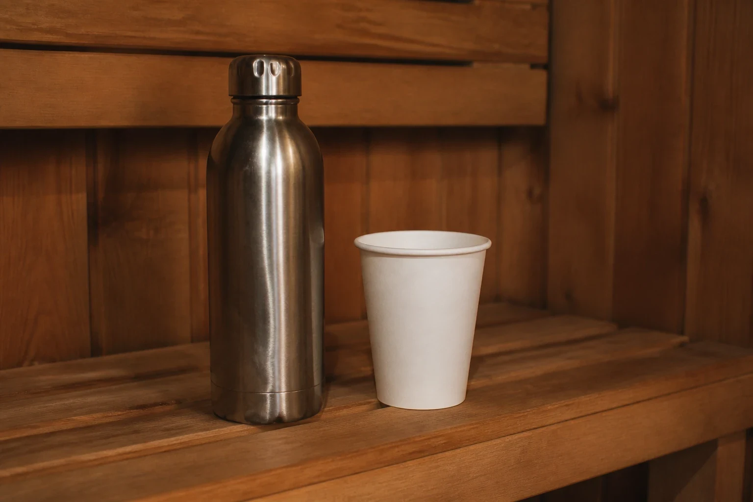 A steel water bottle and a paper cup sitting on a cedar sauna bench