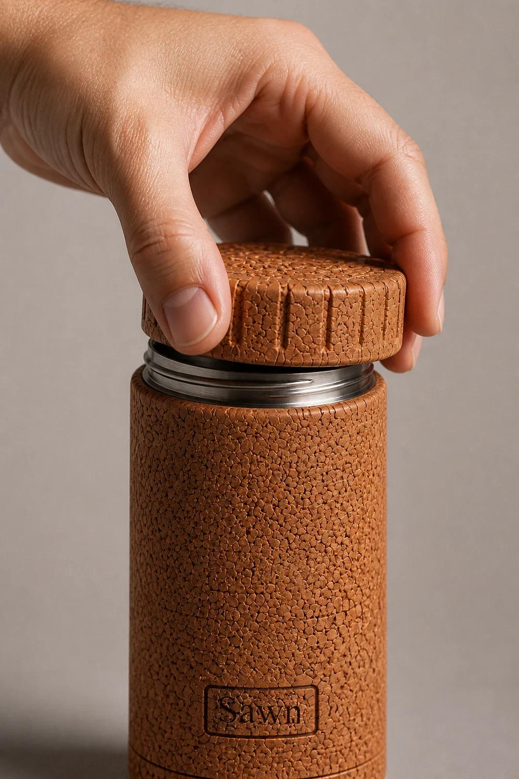 A hand lifting the cork lid off the Sawn bottle, steel thread showing at the neck