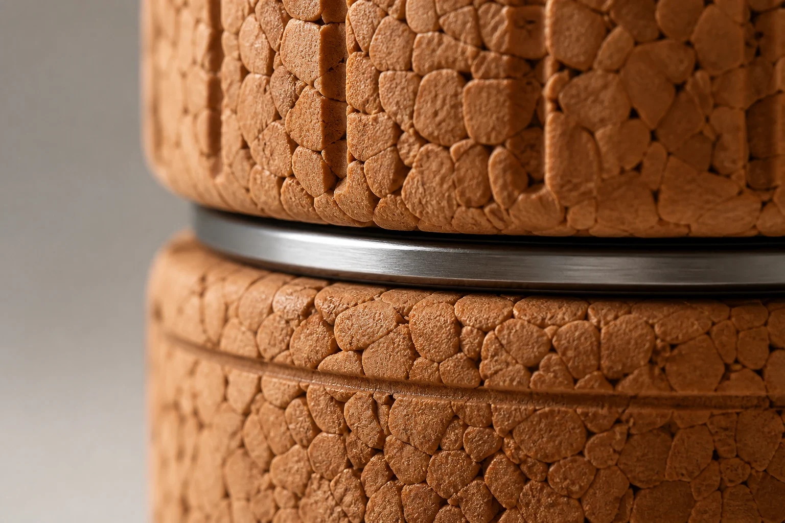 Macro of the lid seam: cork above, a thin ring of steel thread, cork below
