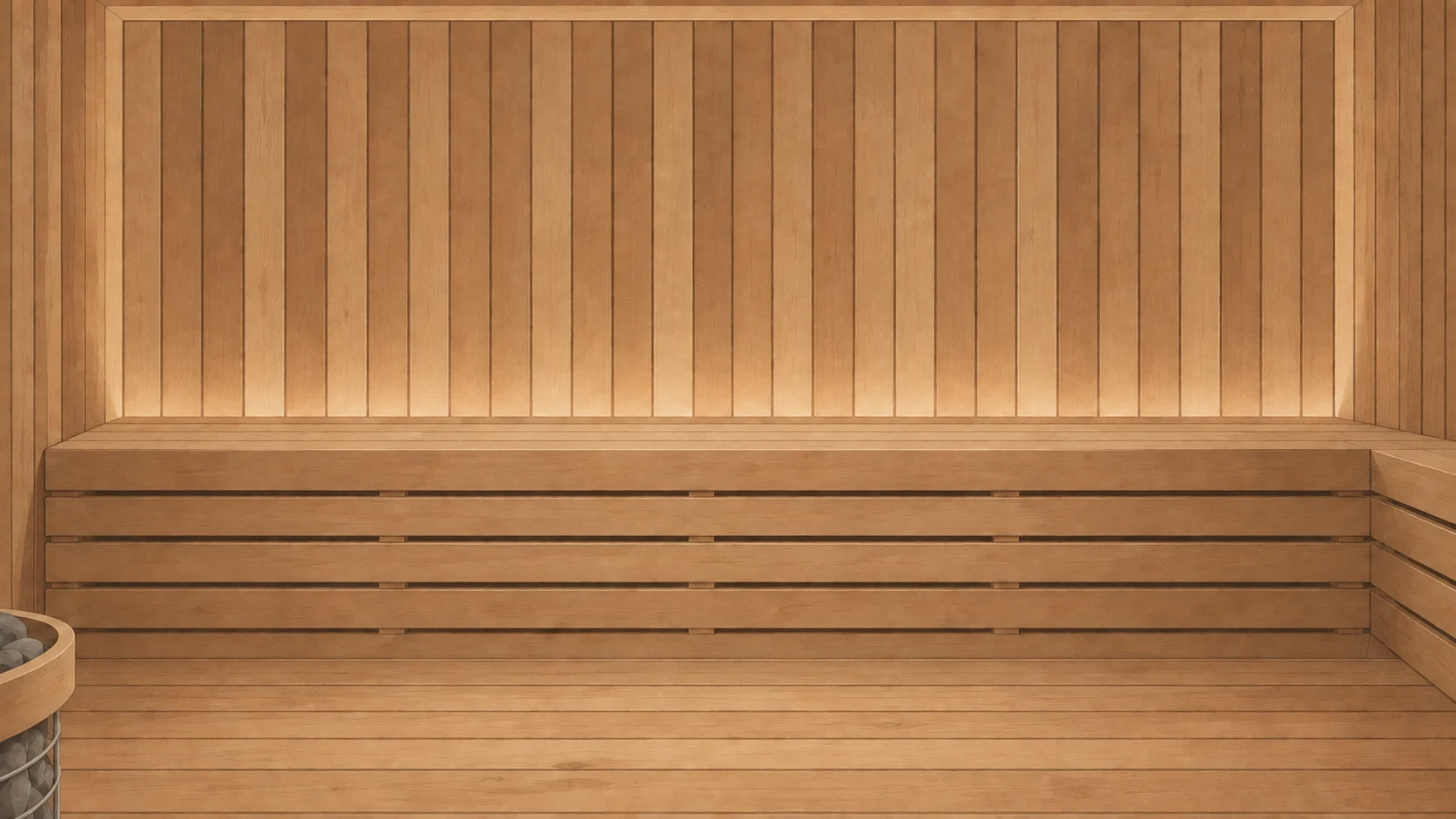 A softly illustrated cedar sauna bench