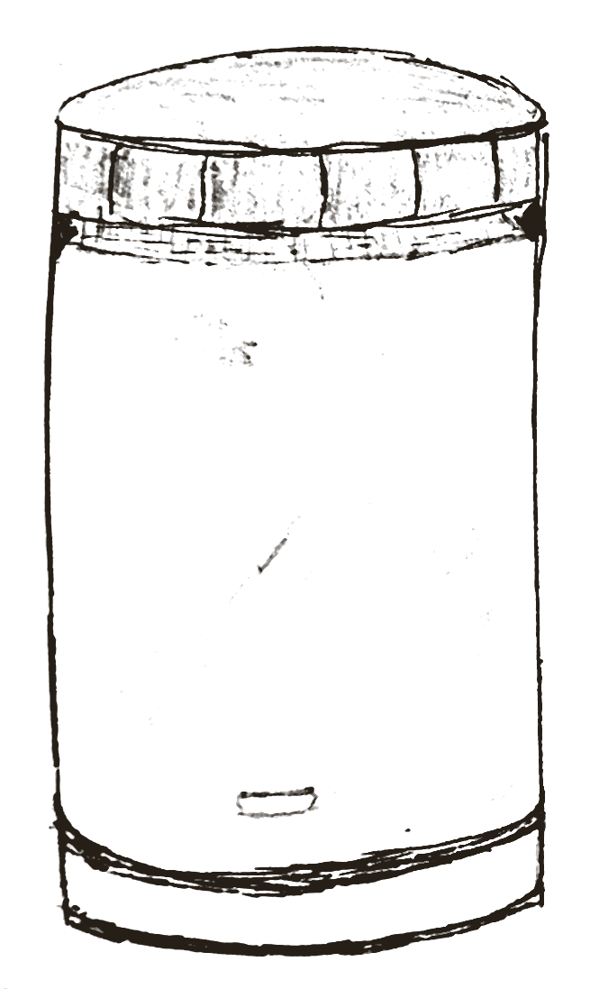The first sketch of the bottle, traced from the May 23 drawing: a straight cylinder with a ribbed cork lid, a small plate near the base, and a band at the foot.